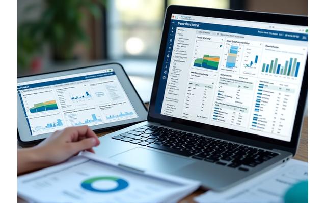 Benutzerdefinierte Berichte und Dashboards, die auf einem Tablet und einem Laptop angezeigt werden, mit Fokus auf Kennzahlen für Bildungseinrichtungen.