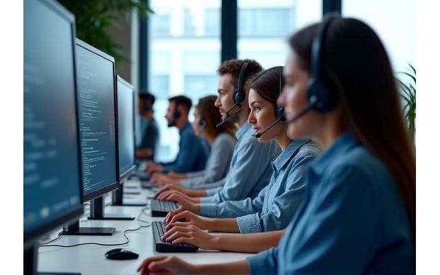Ein Team von freundlichen, professionellen Support-Mitarbeitern, die an Desktops arbeiten, mit Headsets und Bildschirmen mit Code oder Diagrammen.
