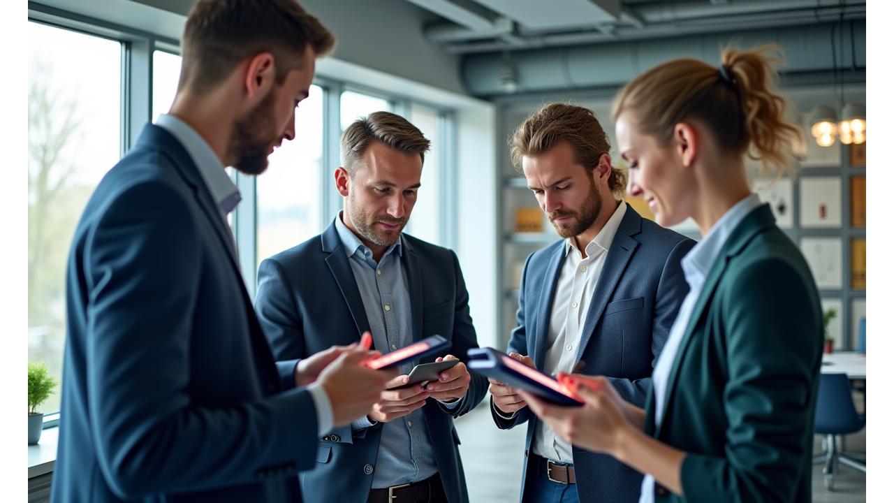 Ein Team von Fachleuten arbeitet gemeinsam an mobilen Geräten in einem modernen, hellen Büro, das Professionalität und digitale Transformation symbolisiert.