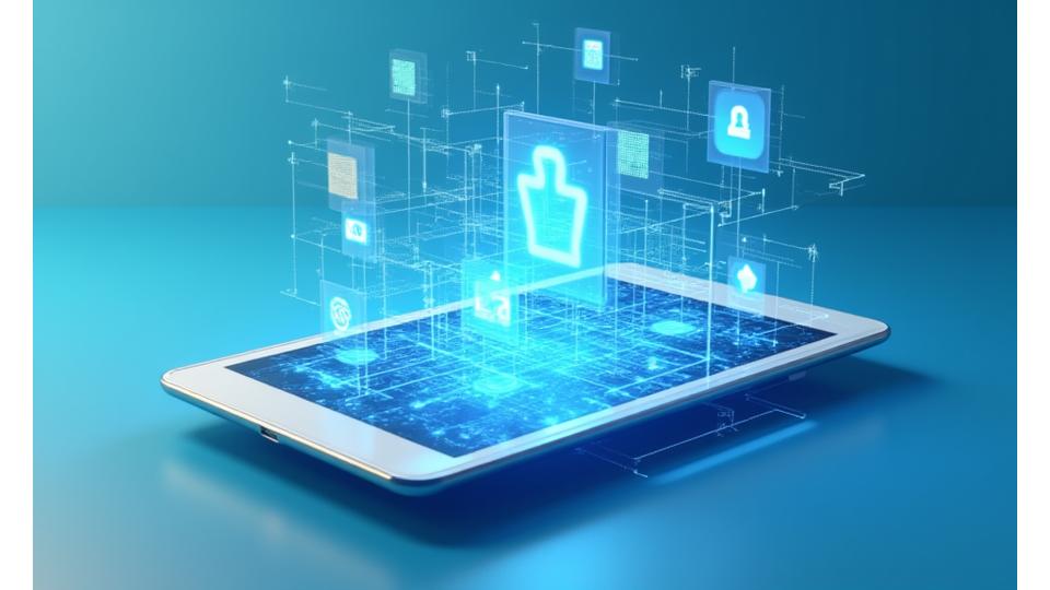 Ein Overlay von Icons für Recht, Sicherheit und Daten über einem Tablet, das modulare Compliance-Kurse anzeigt, symbolisiert gesetzliche Sicherheit.