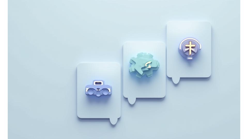 Eine Reihe von drei stilisierten Icons, die verschiedene Industrien repräsentieren – ein Auto, ein Zahnrad und ein Medikit, jeweils auf einer eigenen Karte präsentiert, was die Breite der Branchenexpertise von Lyrnhaus hervorhebt.