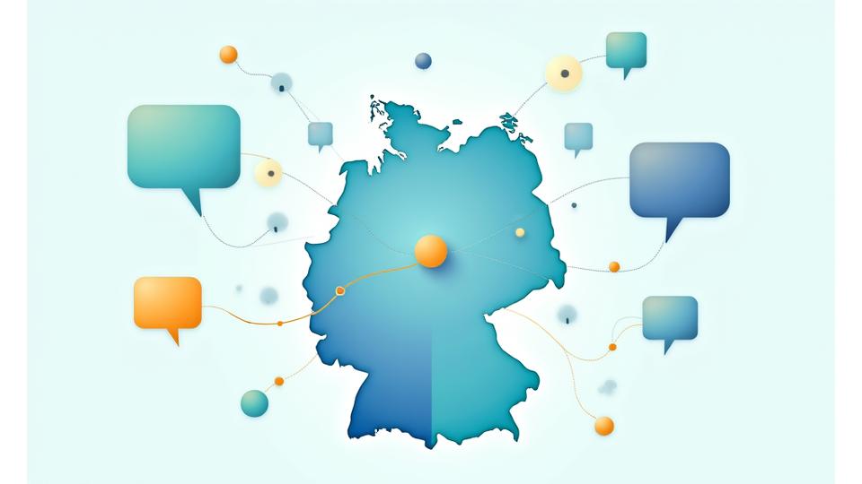 Illustriert sprechende Blasensymbole in verschiedenen Sprachen, die sich zu einem Netzwerk auf einer digitalen Karte Deutschlands verbinden, was die globale Kommunikation im Unternehmenskontext darstellt.