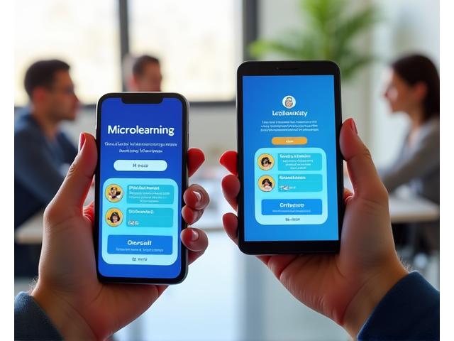Bildschirmdarstellungen einer modernen mobilen Lern-App auf verschiedenen Geräten, die Microlearning-Module und Gamification-Elemente zeigen.
