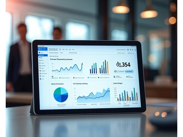 Ein Finanz-Dashboard auf einem Tablet-Bildschirm, das Wachstumsgrafiken, Kennzahlen zu Produktivität und Kosteneinsparungen anzeigt, mit einer leichten Unschärfe im Hintergrund, um den Fokus auf die Daten zu legen.