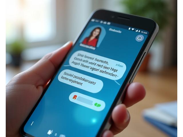Eine Nahaufnahme eines Smartphone-Bildschirms, der eine interaktive Konversationsschnittstelle zeigt, auf der ein KI-Charakter in lebensechter Weise mit einem Benutzer in deutscher Sprache spricht, mit visuellen Feedback-Indikatoren für die Aussprache.