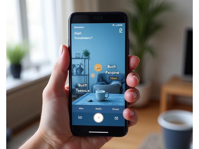 Ein Smartphone-Bildschirm zeigt eine Augmented-Reality-Anwendung, die ein reales Bücherregal erkennt und darüber schwebende deutsche Vokabeln für 'Buch', 'Regal' und 'lesen' anzeigt.