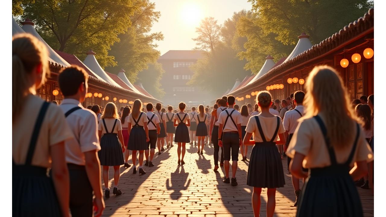 Eine lebendige VR-Szene eines traditionellen deutschen Volksfestes mit Menschen in Trachten, Musik und authentischen Speisen, was eine reiche kulturelle Immersion symbolisiert.