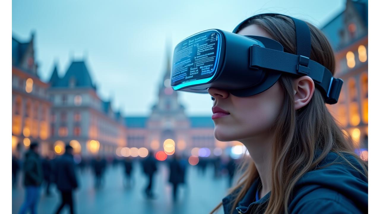 Eine Person trägt ein VR-Headset und interagiert mit einer virtuellen Szene auf einem belebten Berliner Platz, umgeben von digitalen Elementen, die deutsche Vokabeln und Grammatik anzeigen.