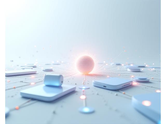 Ein abstraktes technologisches Diagramm, das verschiedene Gerätesymbole wie Smartphones, Tablets und VR-Headsets miteinander verbindet, die eine gemeinsame AR/VR-Lernplattform-Schnittstelle anzeigen.