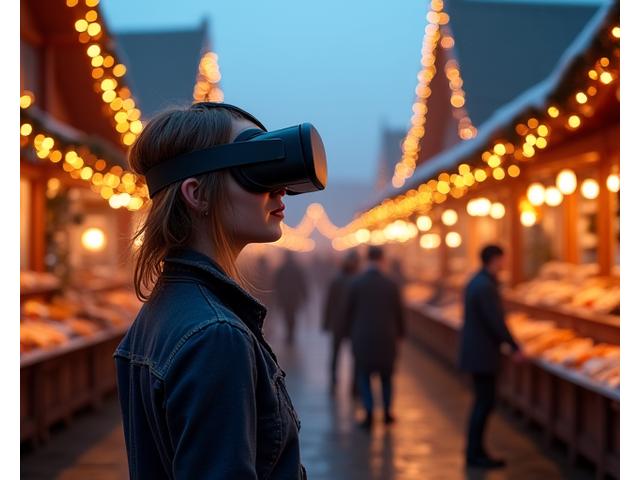 Eine Person, die ein VR-Headset trägt, ist in eine realistische virtuelle Marktszene in einer deutschen Altstadt getaucht, umgeben von geschäftigen Menschen und Ständen.