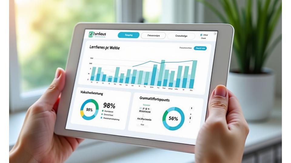 Dashboard der Lyrnhaus App auf einem Tablet, visualisiert den Lernfortschritt, Zeitaufwand und erreichte Meilensteine mit interaktiven Graphen.