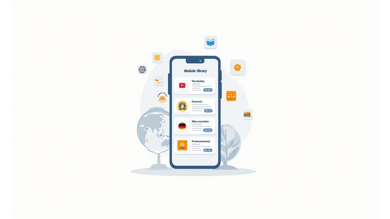 Eine grafische Darstellung verschiedener Microlearning-Module wie Wortschatz, Grammatik und Aussprache, alle in einer mobilen Benutzeroberfläche präsentiert.
