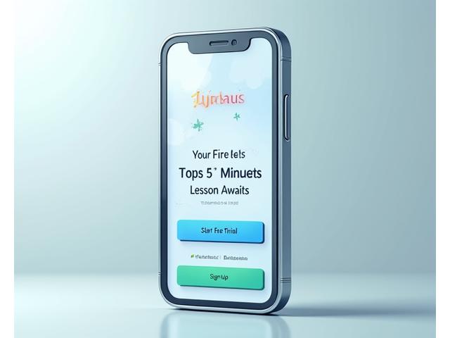 Ein modernes Smartphone-Mockup mit der Lyrnhaus App, die eine Anmeldeseite und den Start einer 5-Minuten-Lektion zeigt.