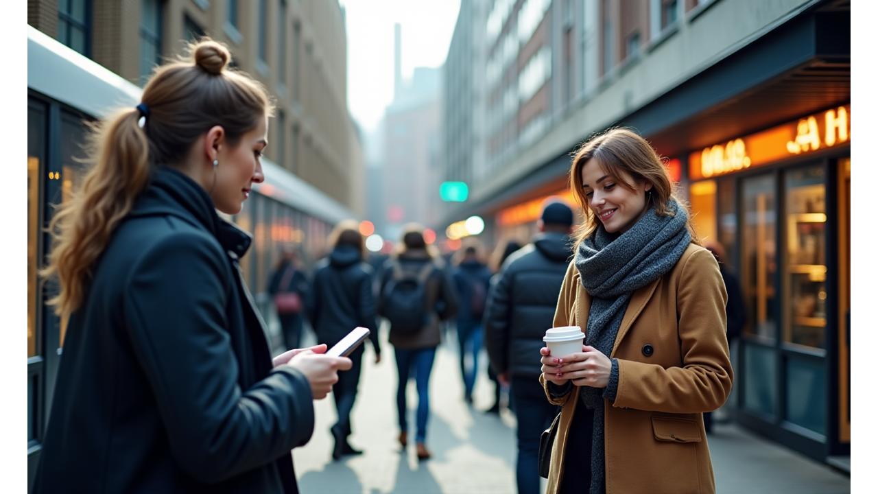 Eine moderne Szene in Frankfurt am Main, die Menschen beim Pendeln, in Cafés oder in einem Park zeigt, während sie auf ihren mobilen Geräten lernen.