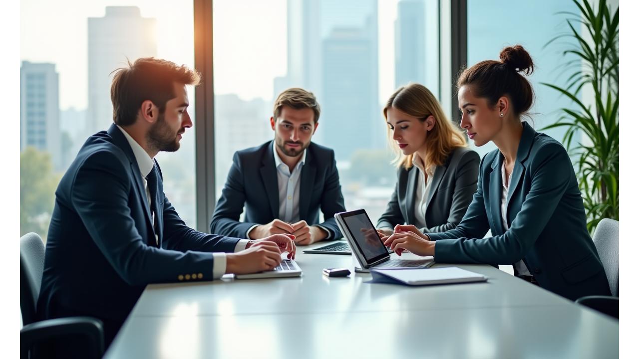 Ein Team von internationalen Fachkräften in einem modernen Frankfurter Büro, die Laptop-Bildschirme mit Lyrnhaus-App anzeigen.