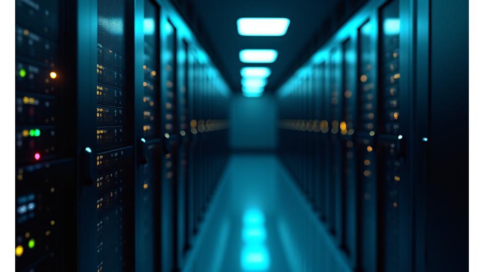 Ein technisches, modernes Datenserverzentrum mit gestapelten Serverracks und farbigen Lichtern, symbolisierend deutsche Datenresidenz und fortschrittliche Cybersicherheit. Die Atmosphäre ist ruhig und klinisch, Betonung der Zuverlässigkeit.