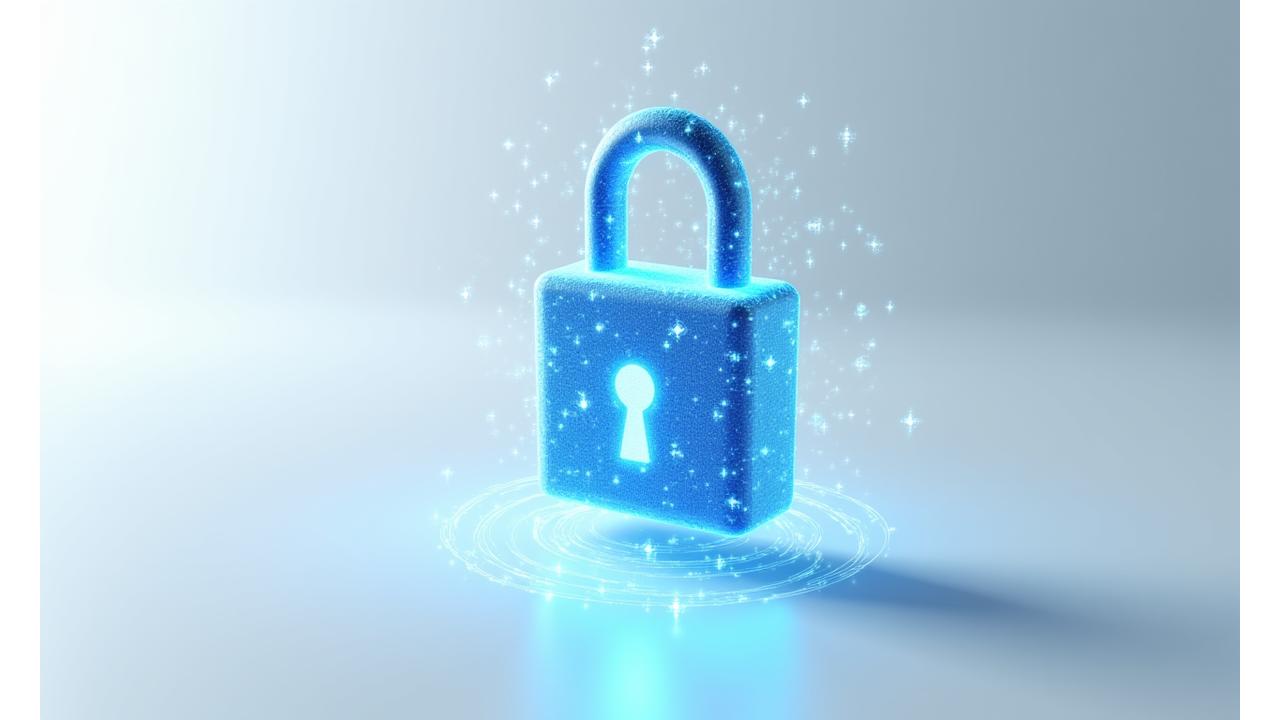 Ein visuelles Symbol für Datenschutz und Sicherheit: ein stilisiertes Schloss umgeben von abstrakten Datenelementen, die eine sichere Datenumgebung darstellen.