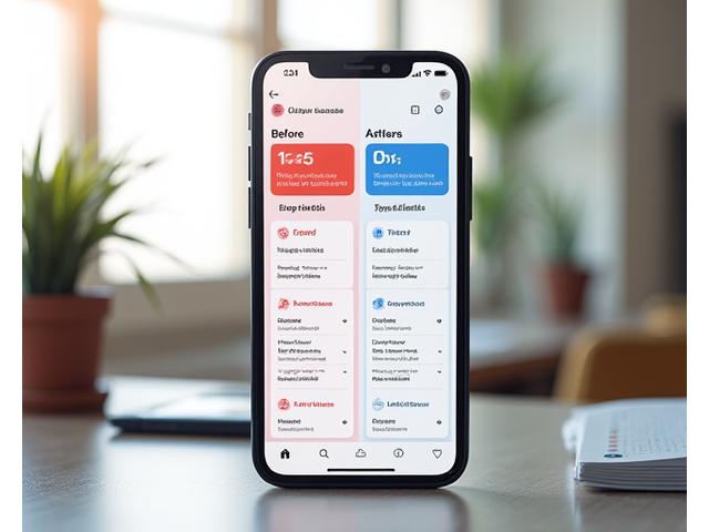 Illustration einer Vorher-Nachher-Ansicht einer mobilen Lernanwendung, die deutliche UX-Verbesserungen zeigt. Die Vorher-Seite ist überladen und unübersichtlich, die Nachher-Seite ist klar, intuitiv und ansprechend, mit Fokus auf optimierte Navigation und visuelle Hierarchie.